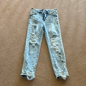 Trendy Distressed Women's Straight Leg Jeans - Light Blue
